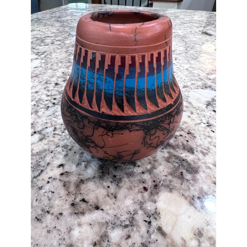 Navajo Vase Pottery with Hand Etching and Horsehair Firing - Signed